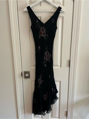 Vintage Sue Wong Black Midi Dress with Embroidered Beaded Floral Embellishments